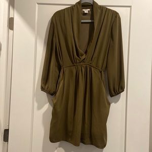 Bar III Olive Green Long Sleeve Faux Wrap Dress with Pockets